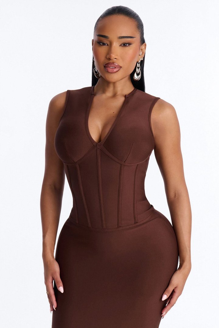 Courtney Corset Waist Bandage Maxi Dress - Chocolate