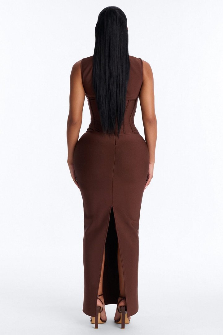 Courtney Corset Waist Bandage Maxi Dress - Chocolate