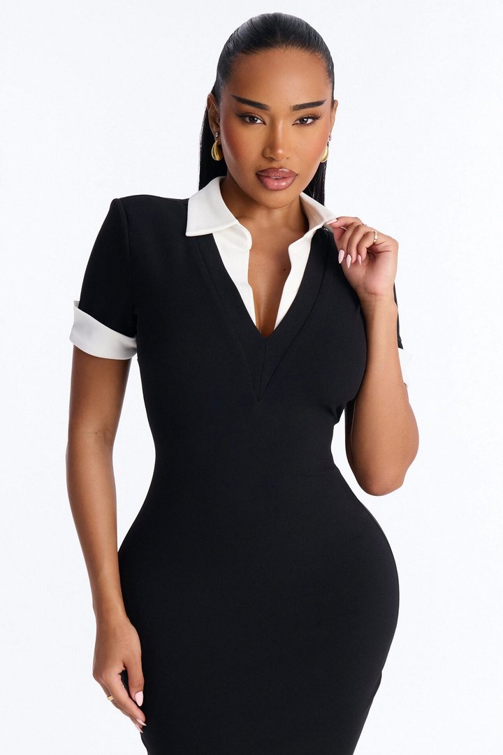 Lilliana Collared Short Sleeve Midi Dress - Black/White