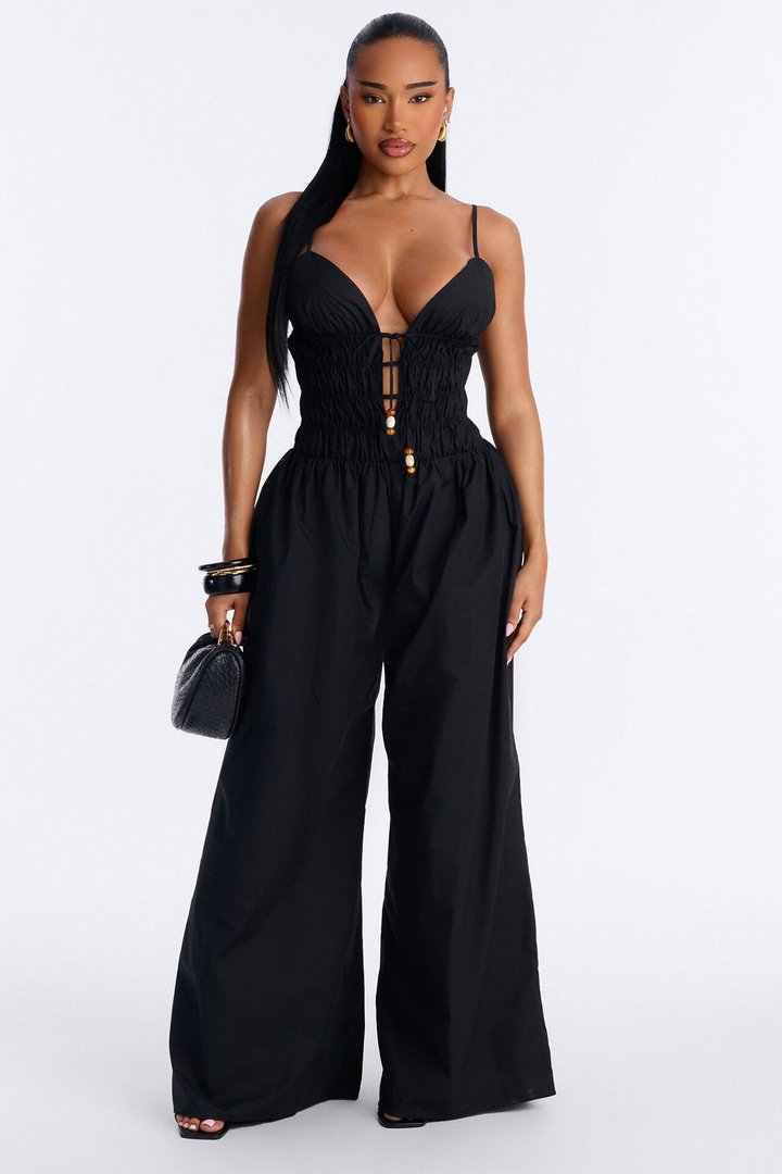 Vacation Muse Beaded Wide Leg Jumpsuit - Black