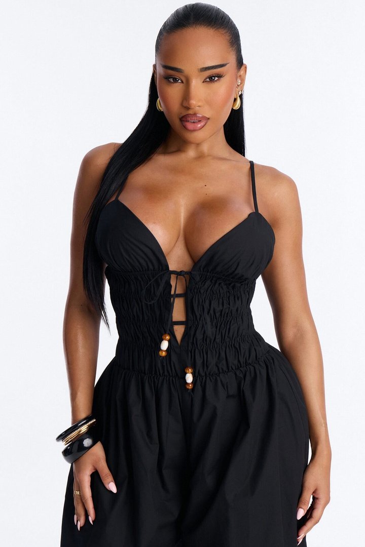 Vacation Muse Beaded Wide Leg Jumpsuit - Black