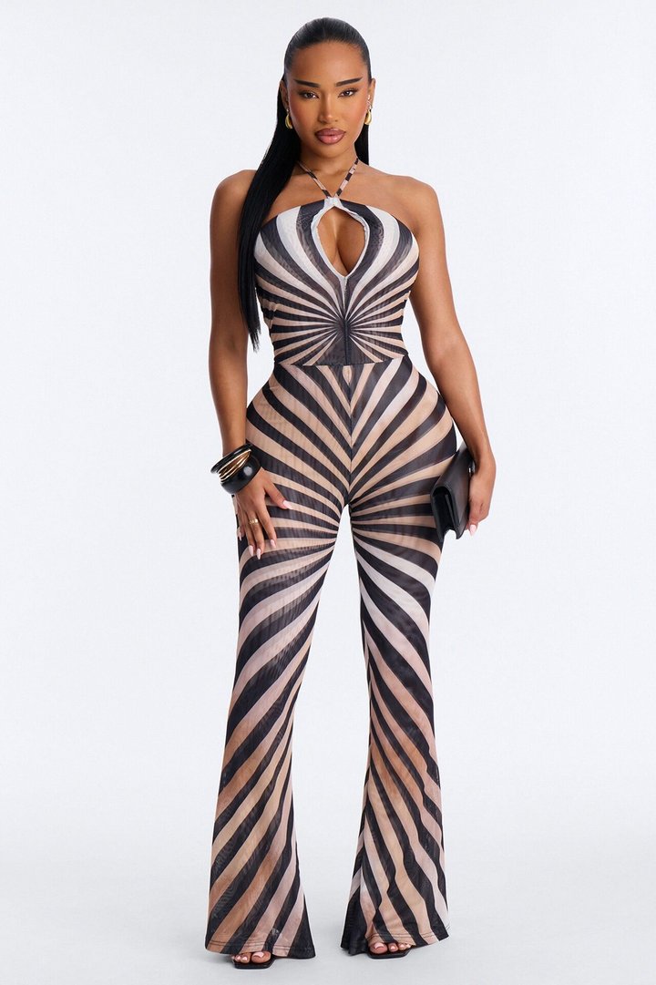 Siena Striped Mesh Flare Leg Jumpsuit - Taupe