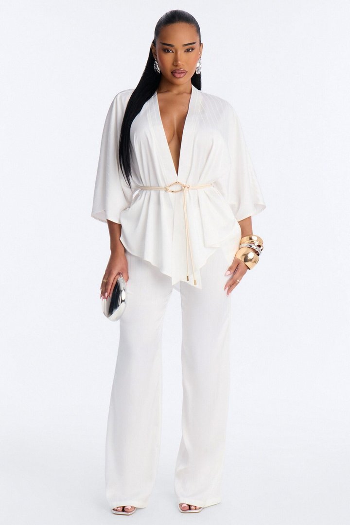 Draped In Elegance Satin 3 Piece Pant Set - Ivory