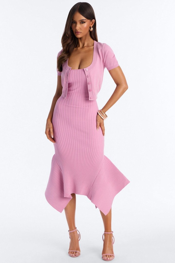 Rare Catch Ribbed Midi Dress Set - Mauve