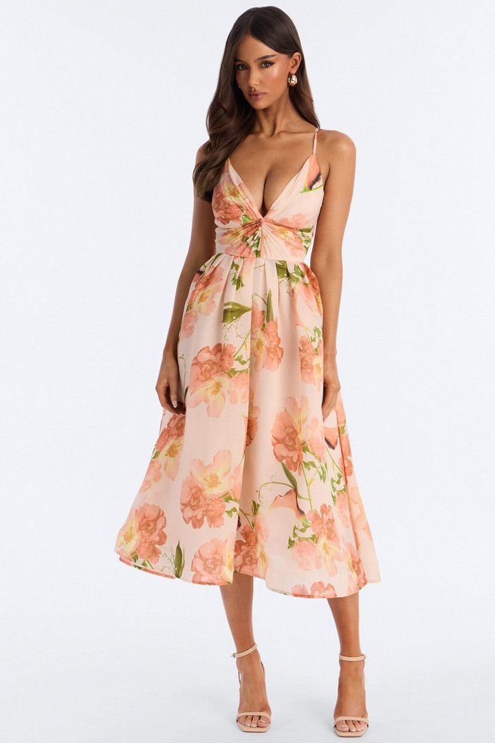 Aria Pleated Floral Midi Dress - Pink