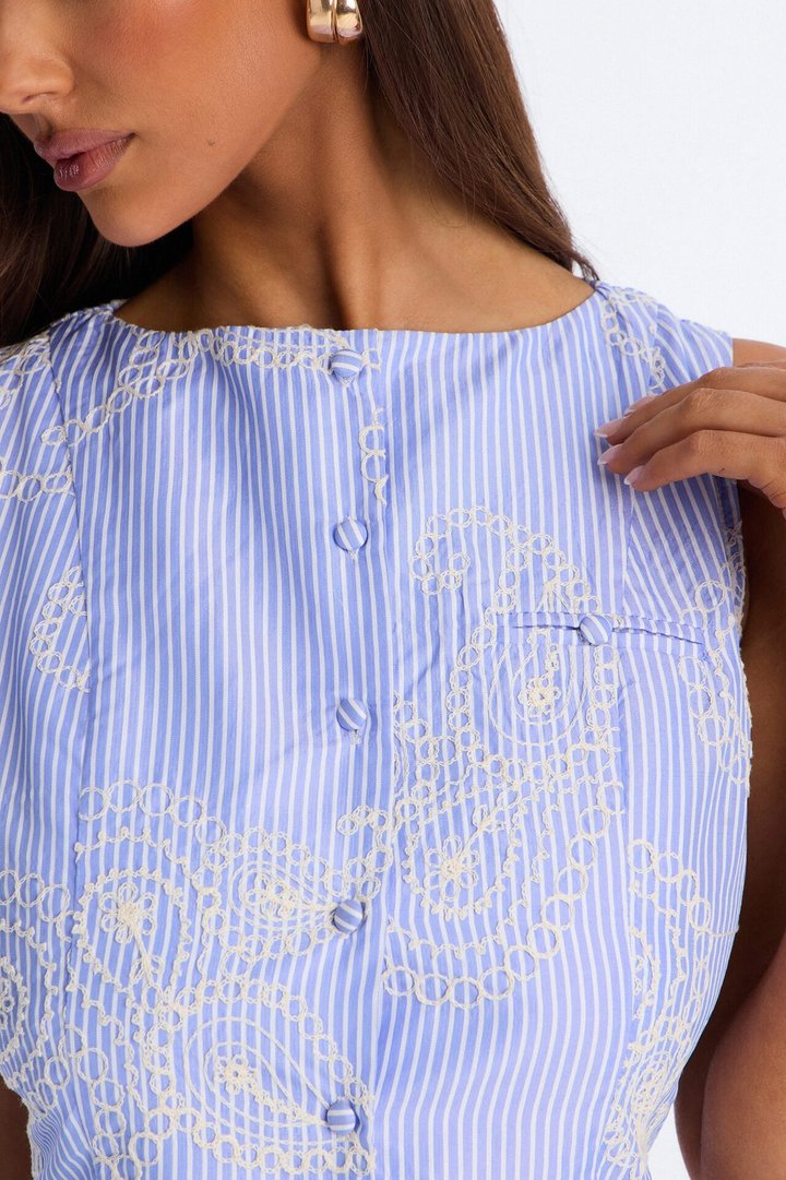 Paige Embroidered Button Up Short Set - Blue
