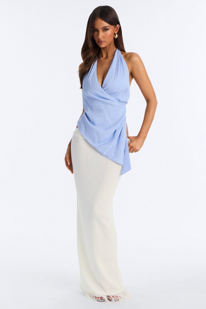 On My Third Drink Backless Linen Halter Top - Dusty Blue