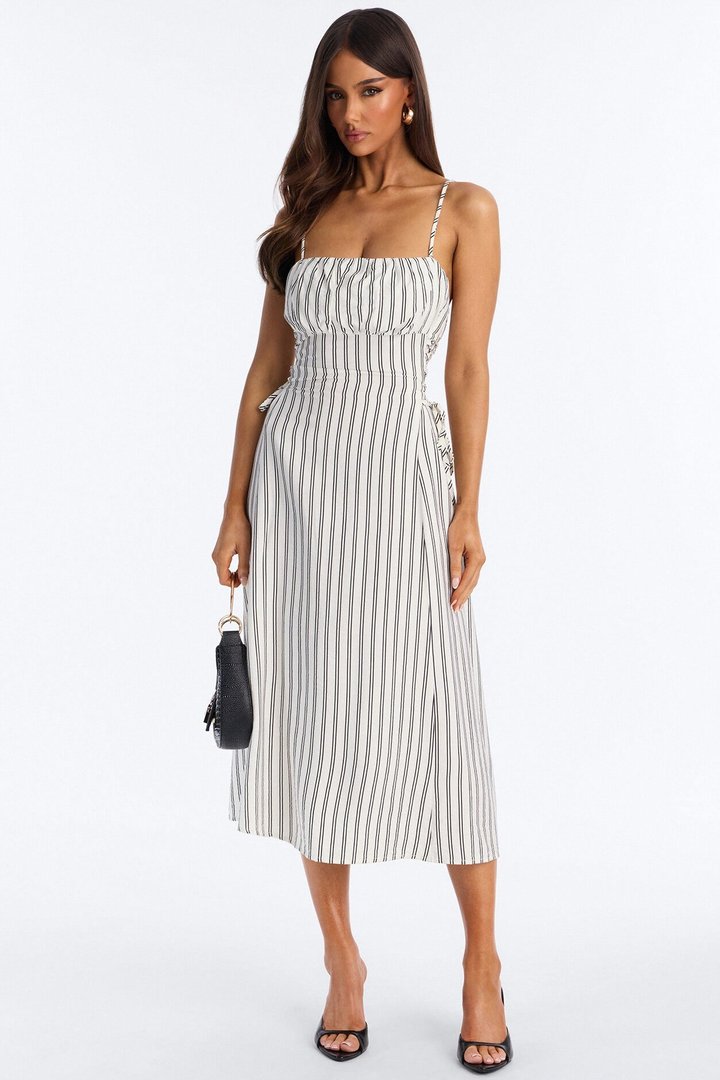 Claire Lace Up Pinstripe Midi Dress - White/combo