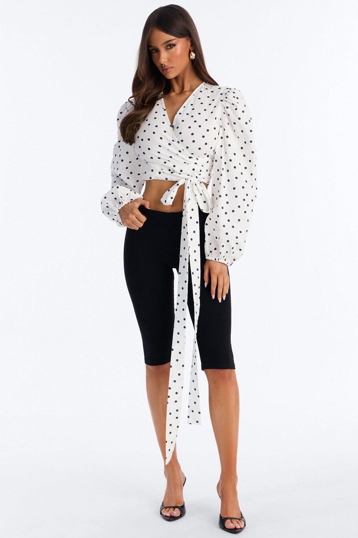 Scene Stealer Polka Dot Tie Waist Linen Top - White/combo