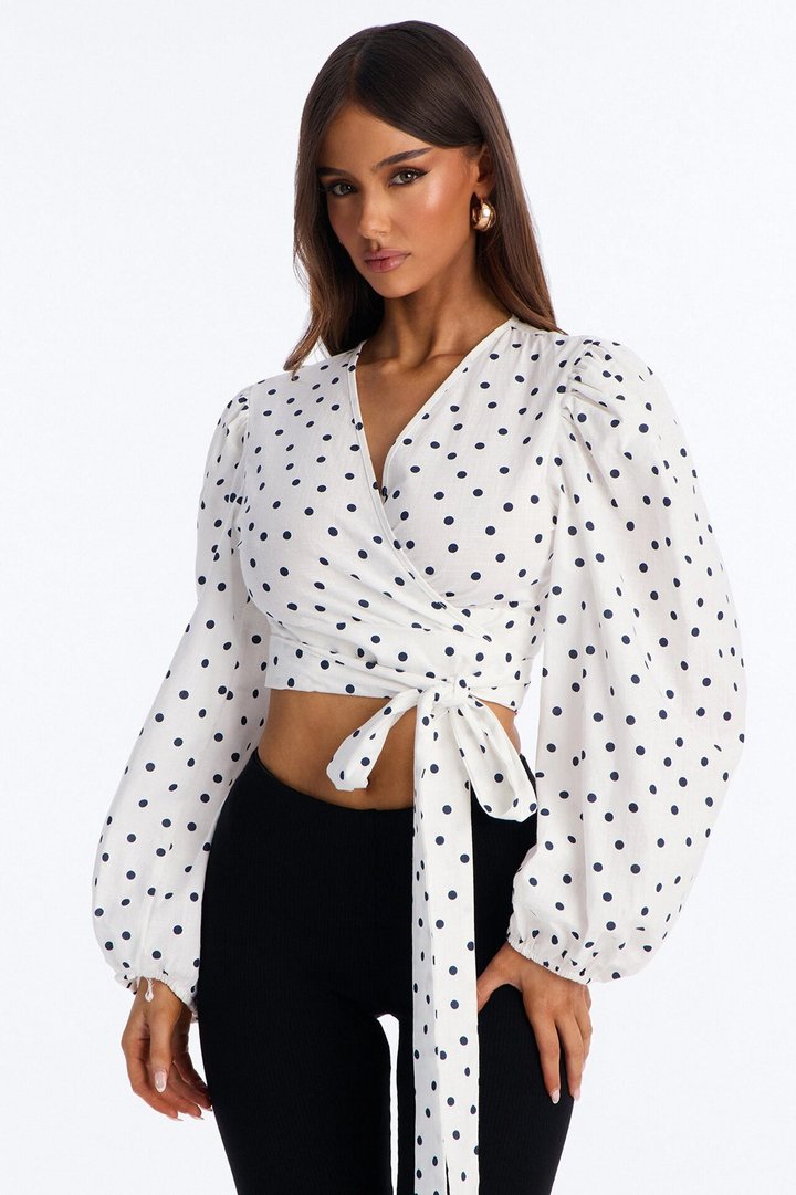 Scene Stealer Polka Dot Tie Waist Linen Top - White/combo