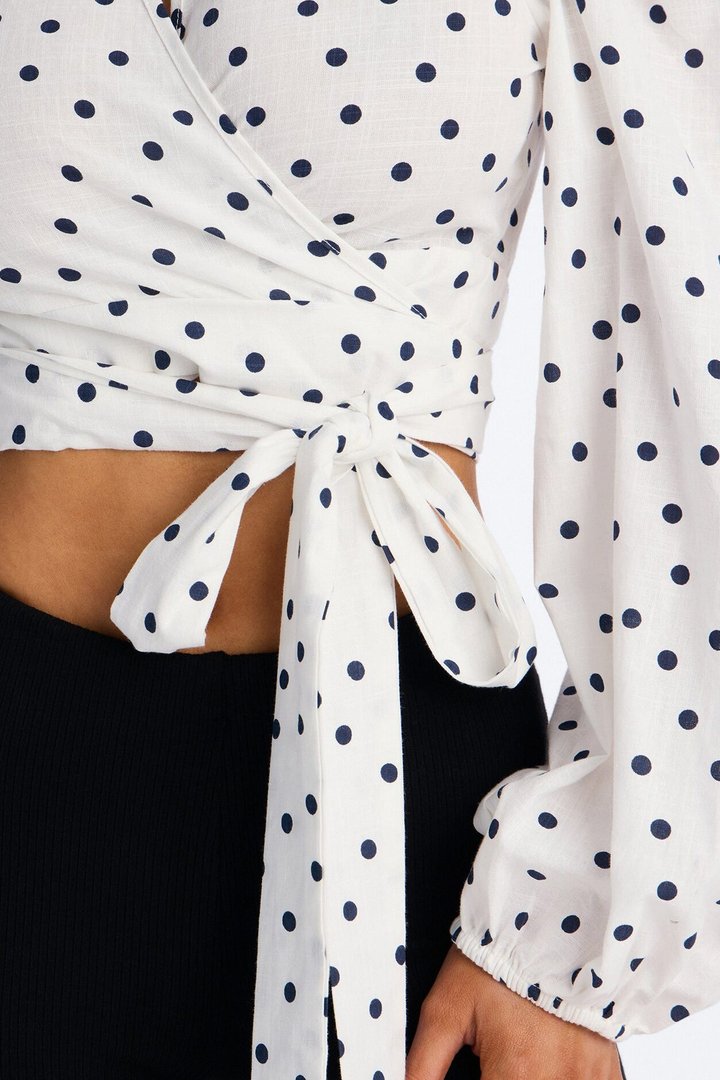 Scene Stealer Polka Dot Tie Waist Linen Top - White/combo