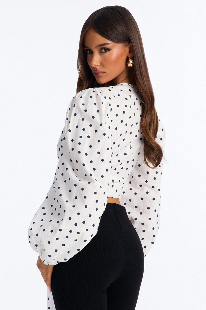 Scene Stealer Polka Dot Tie Waist Linen Top - White/combo