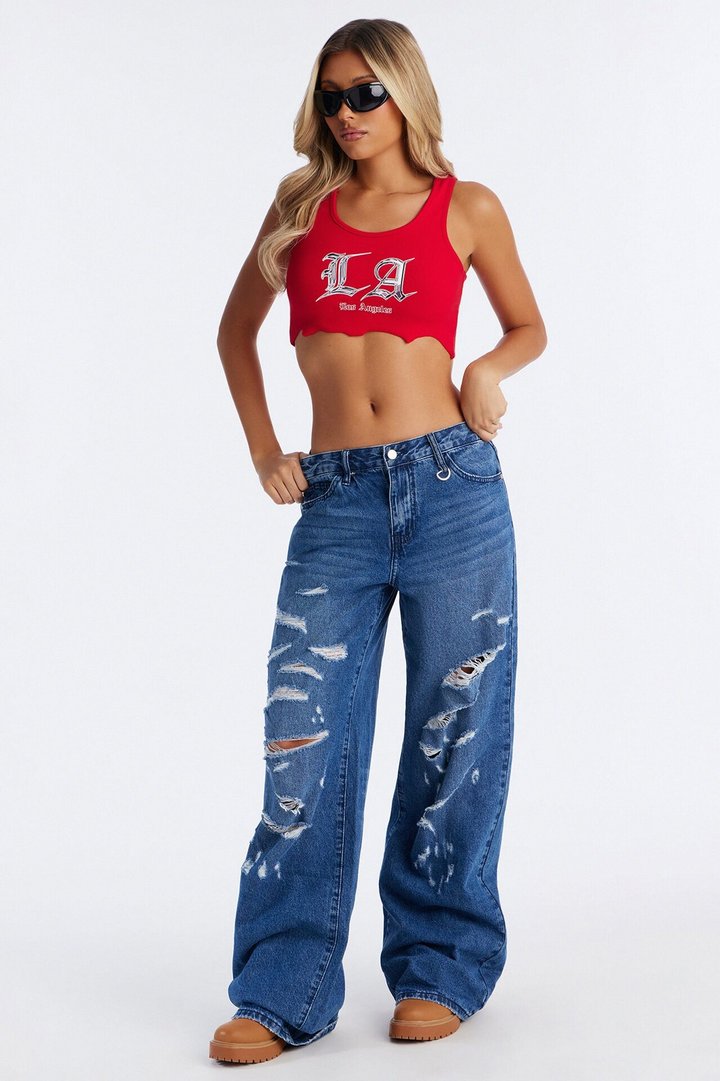 The Weekend Line Up Baggy Ripped Jeans - Medium Wash