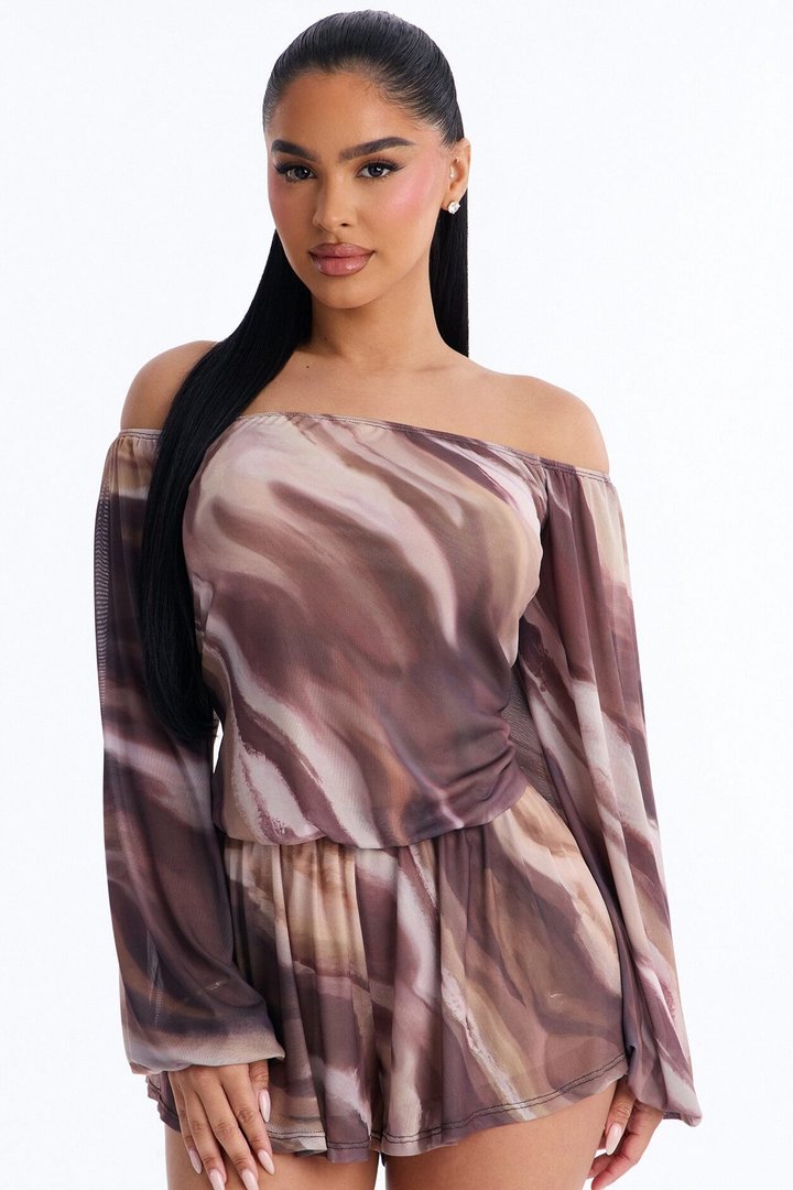 Rana Mesh Off Shoulder Romper - Brown