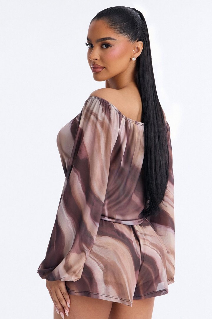 Rana Mesh Off Shoulder Romper - Brown