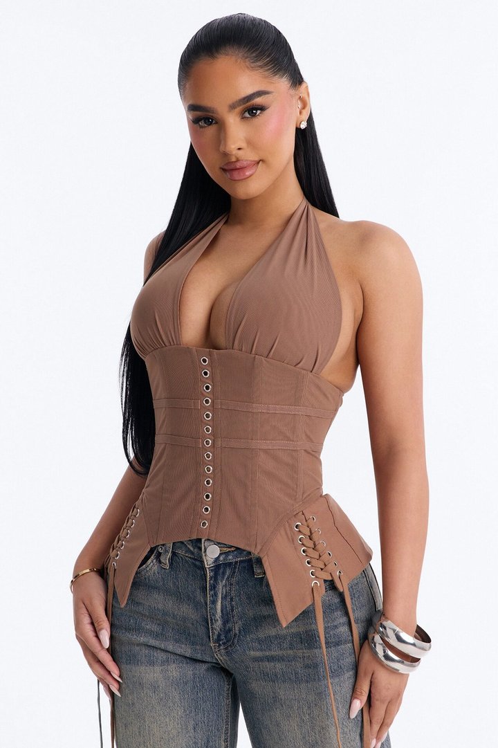 Ate Down Mesh Lace Up Corset Halter Top - Mocha