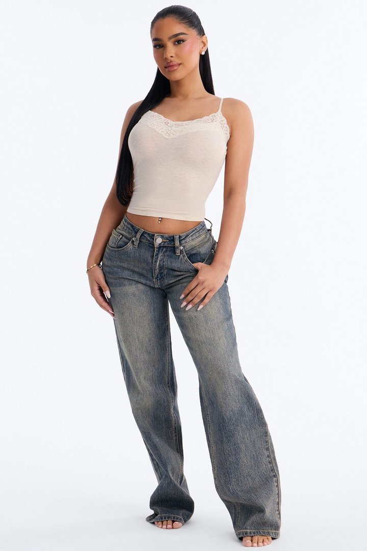 Ayla Lace Trim Basic Cami Top - Oatmeal
