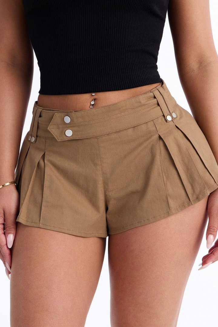 Carlie Low Rise Belted Twill Bubble Hem Short - Khaki
