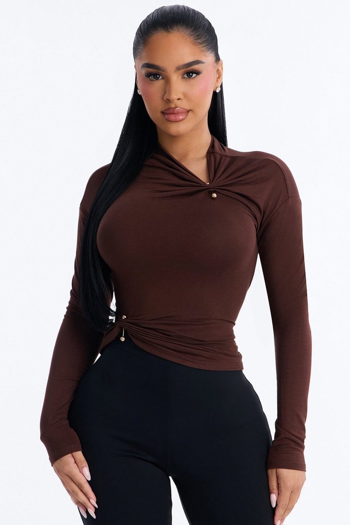 Pin Me Asymmetrical Neck Long Sleeve Top - Brown