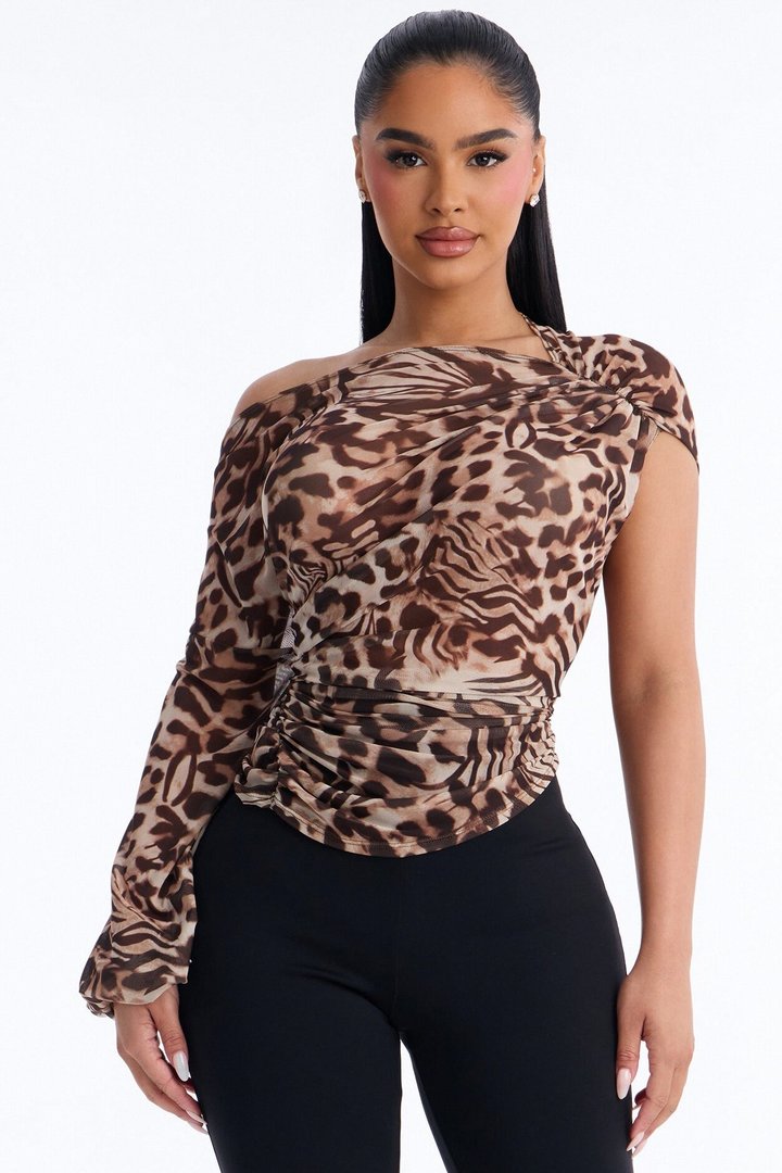 Katie Leopard Mesh Off Shoulder Long Sleeve Top - Leopard