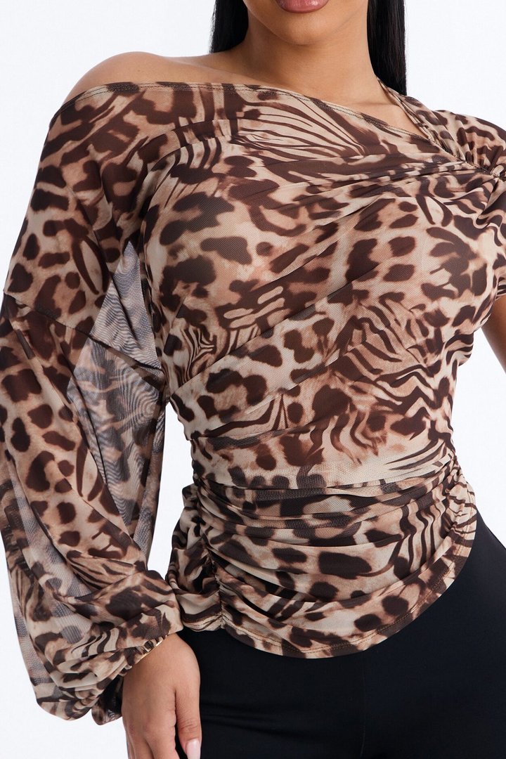 Katie Leopard Mesh Off Shoulder Long Sleeve Top - Leopard