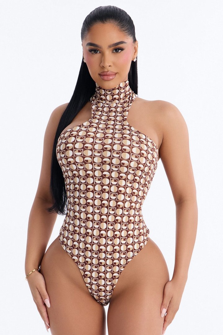 Retro Baddie Mock Neck Sleeveless Bodysuit - Brown/combo