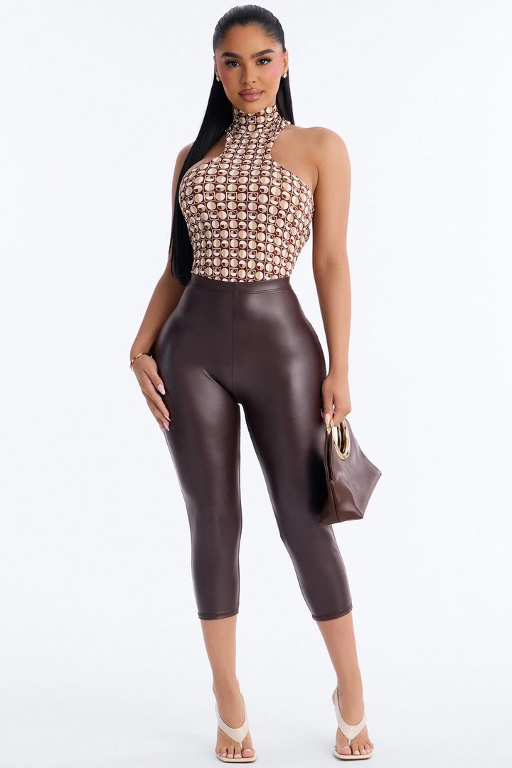 Retro Baddie Mock Neck Sleeveless Bodysuit - Brown/combo