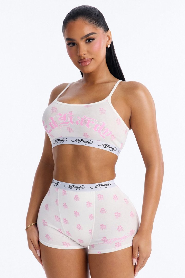 Ed Hardy Endless Skulls Bralette PJ Short Set - White/Pink