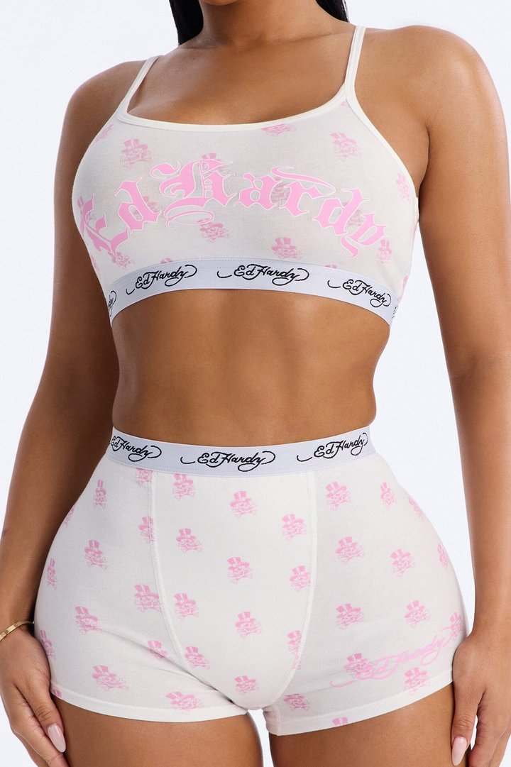Ed Hardy Endless Skulls Bralette PJ Short Set - White/Pink