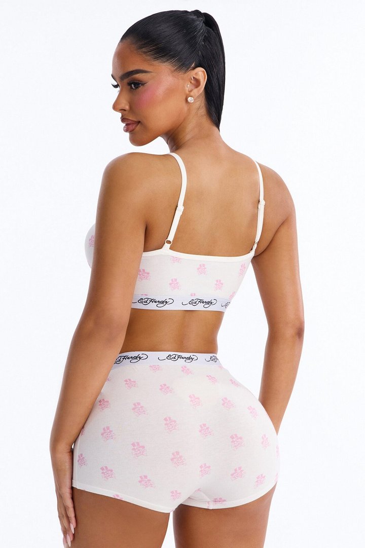 Ed Hardy Endless Skulls Bralette PJ Short Set - White/Pink