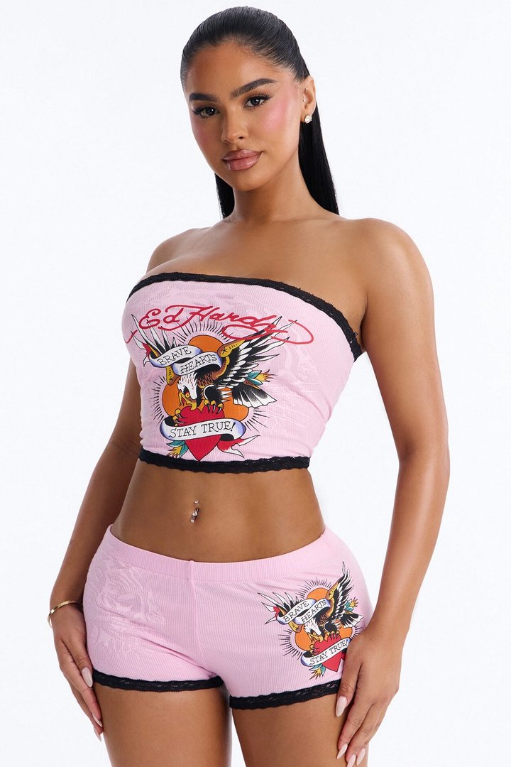 Ed Hardy Brave Hearts Tube Top PJ Short Set - Pink