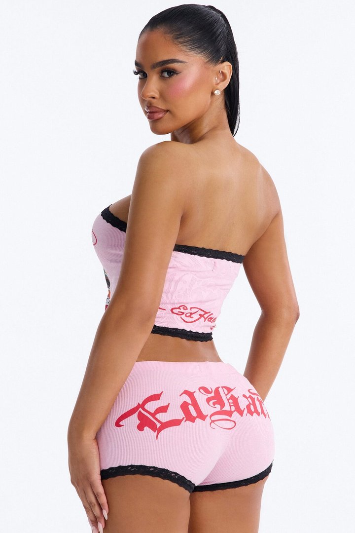 Ed Hardy Brave Hearts Tube Top PJ Short Set - Pink
