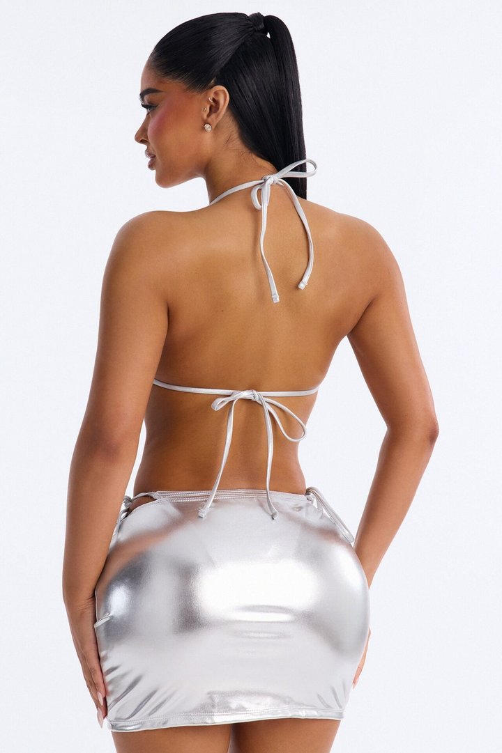 Gaia 3 Piece Metallic Bandeau Bikini & Skirt Set - Silver