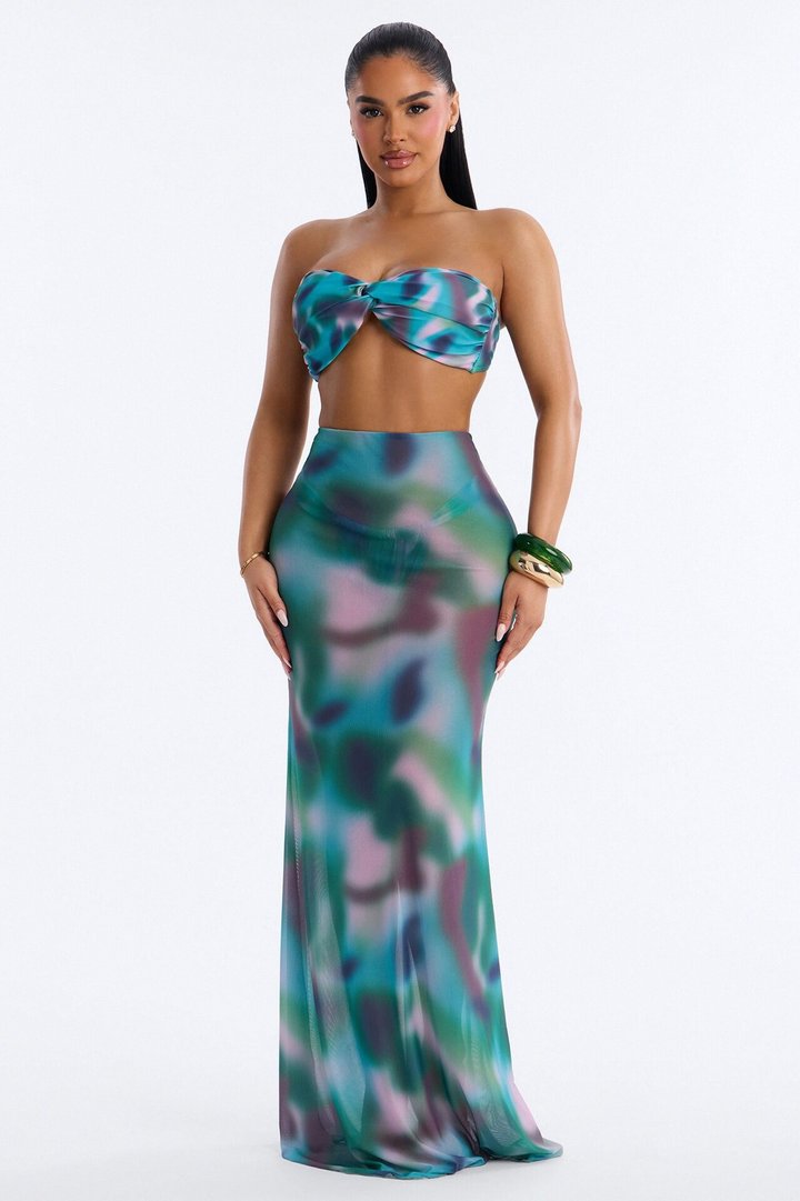 Poolside 2 Piece Bandeau Bikini and Maxi Skirt Set - Green/combo
