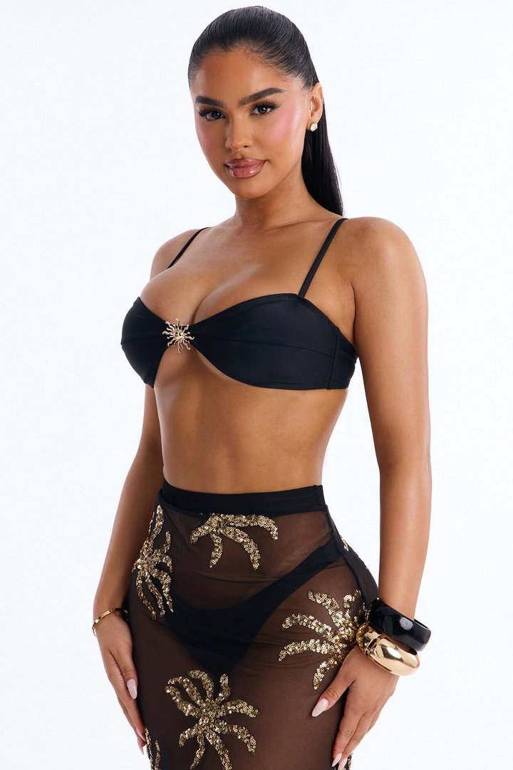Solana 2 Piece Sequin Bandeau Bikini & Cover Up Skirt Sunsuit - Black/Gold