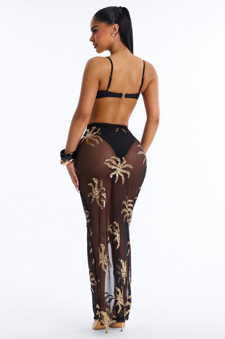 Solana 2 Piece Sequin Bandeau Bikini & Cover Up Skirt Sunsuit - Black/Gold