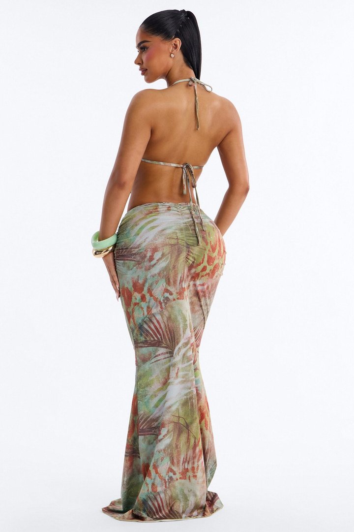 Daniela Animal Halter Hardware 3 Piece Bikini Skirt Set - Green/combo