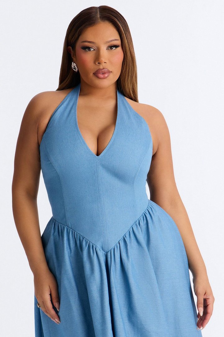 Annora Halter Denim Midi Dress - Denim