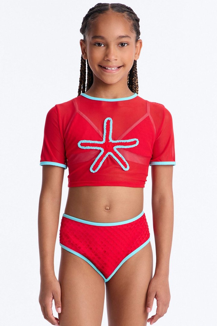 Mini Millie Starfish Crochet Mesh 3 Piece Bikini Set - Red/combo