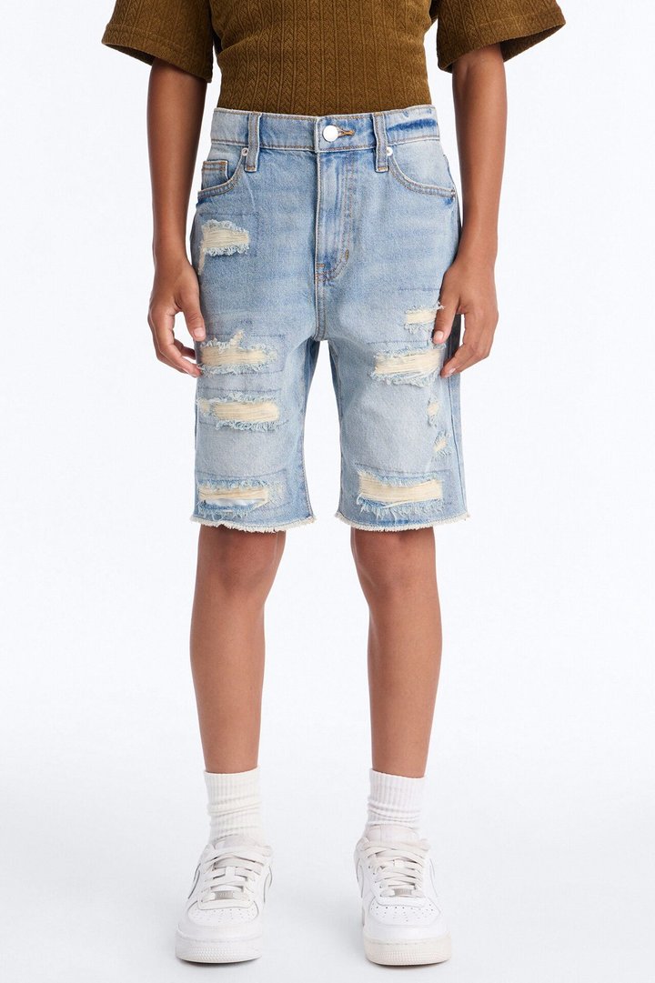 Mini Back To It Distressed Raw Hem Slim Denim Shorts - Light Wash