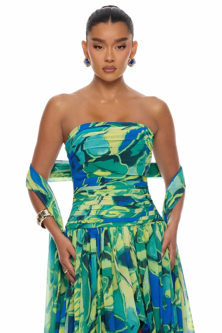 Billie Draped Scarf Chiffon Maxi Dress - Green/combo