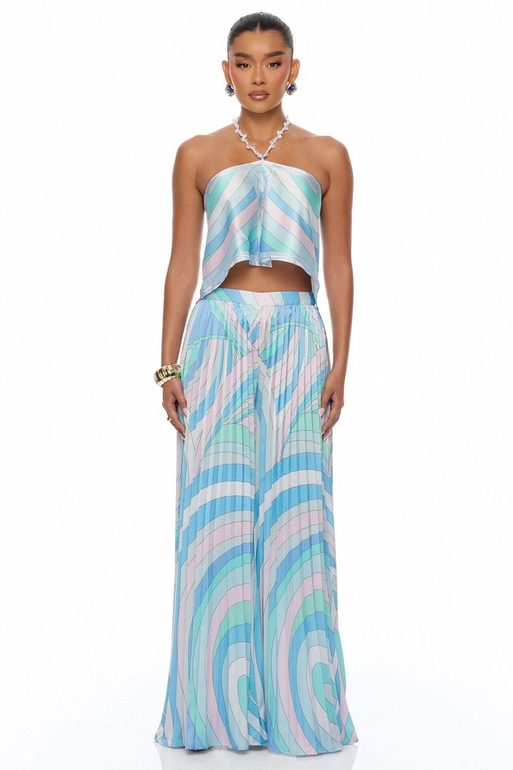 Sadie Pleated Satin Pant Set - Blue/combo