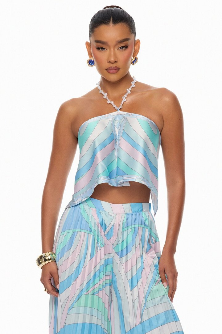 Sadie Pleated Satin Pant Set - Blue/combo