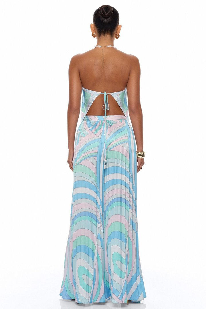 Sadie Pleated Satin Pant Set - Blue/combo