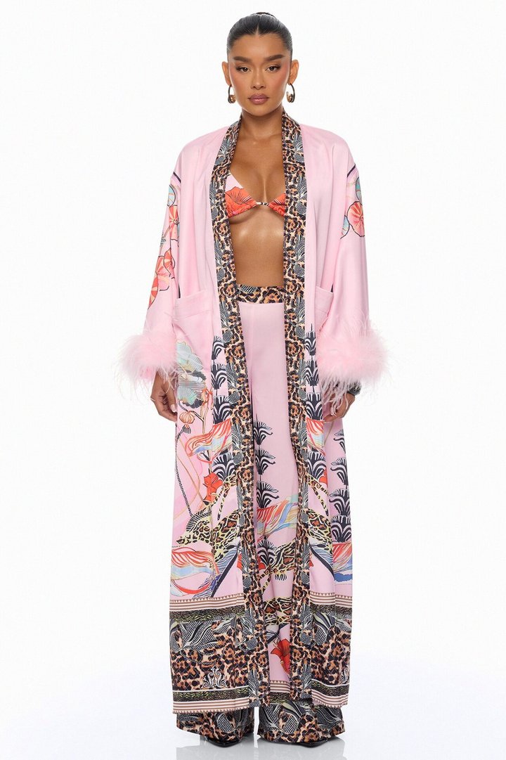 Luxe Lifestyle Feathered 3 Piece Satin Pant Set - Pink/combo
