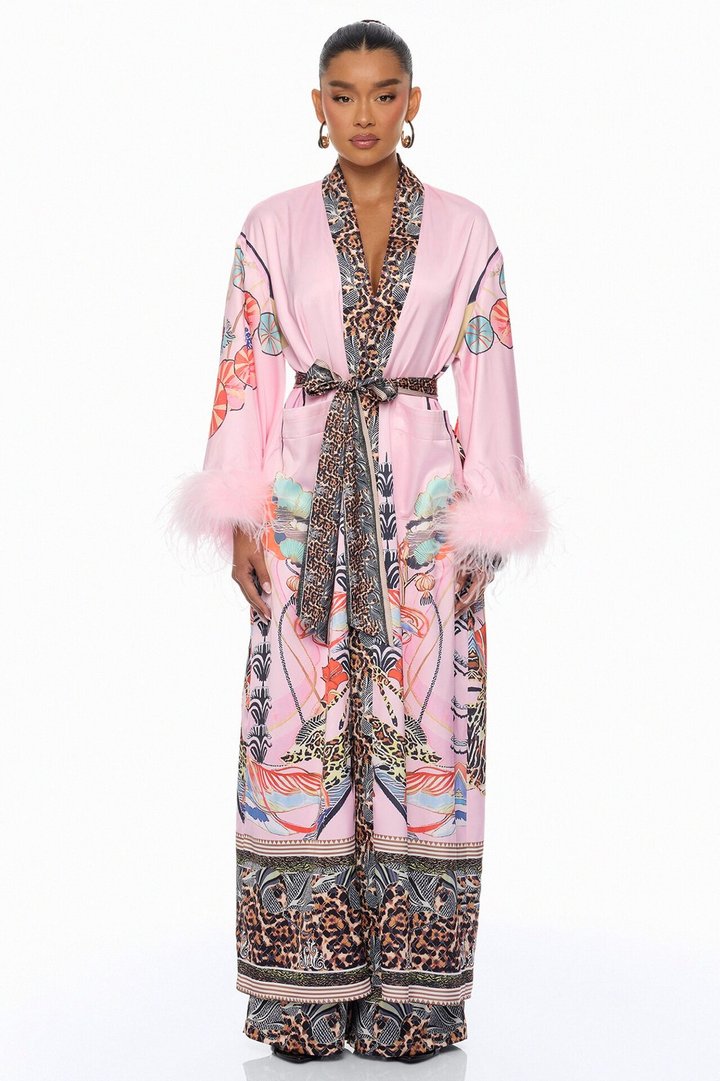 Luxe Lifestyle Feathered 3 Piece Satin Pant Set - Pink/combo