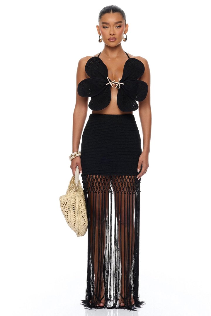Ocean Breeze Fringe Crochet Skirt Set - Black