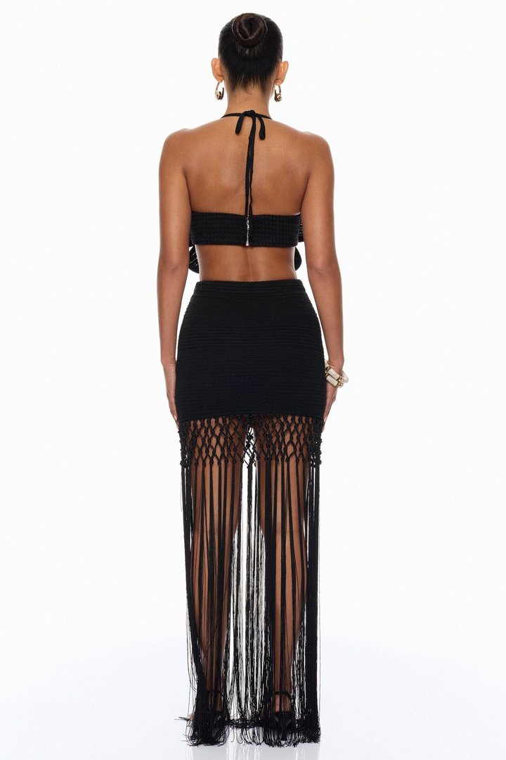 Ocean Breeze Fringe Crochet Skirt Set - Black