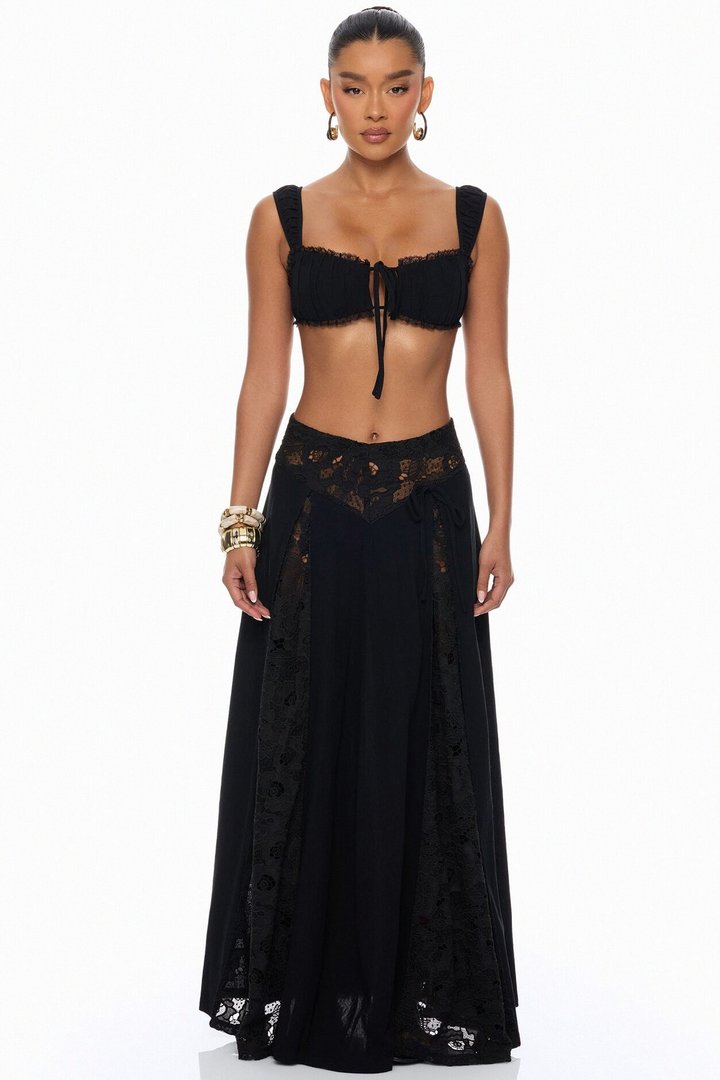 Femme Muse Lace Linen Skirt Set - Black