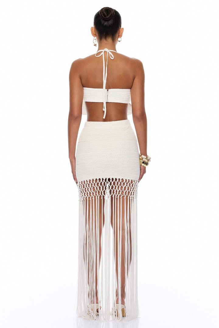 Ocean Breeze Fringe Crochet Skirt Set - White